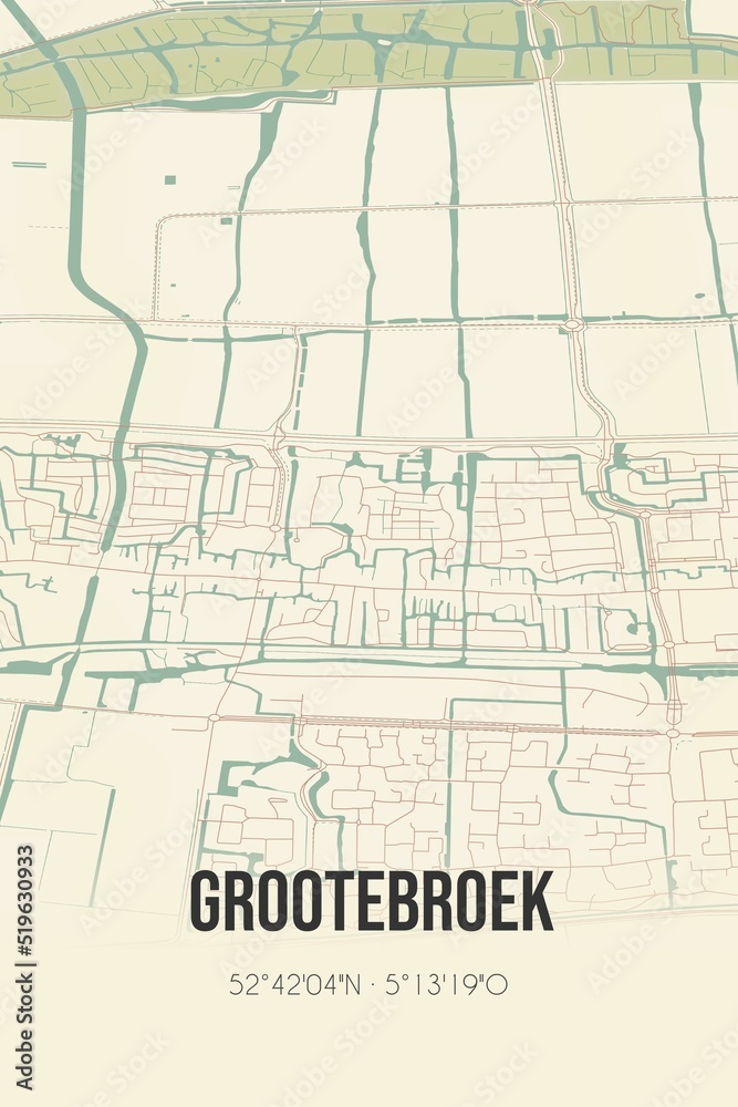 Fototapeta premium Grootebroek, Noord-Holland vintage street map. Retro Dutch city plan.