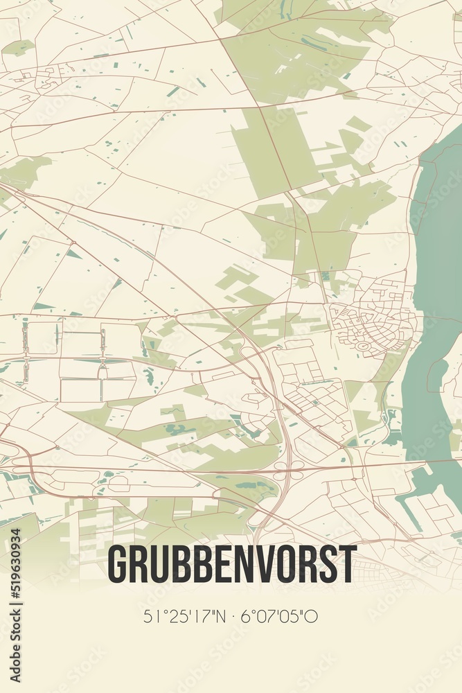 Grubbenvorst, Limburg vintage street map. Retro Dutch city plan.