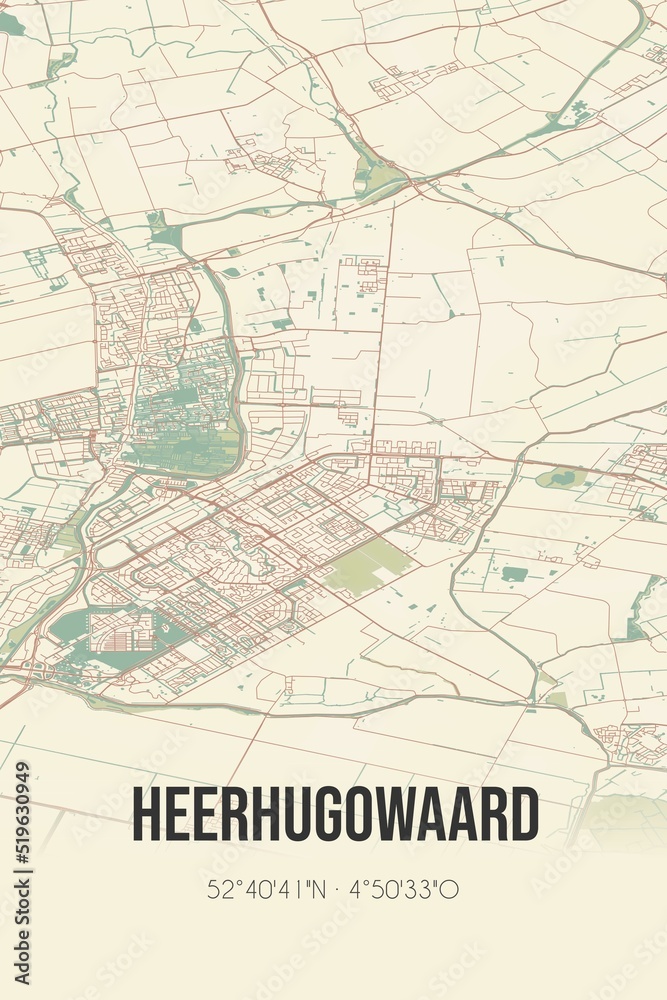 Heerhugowaard, Noord-Holland vintage street map. Retro Dutch city plan.