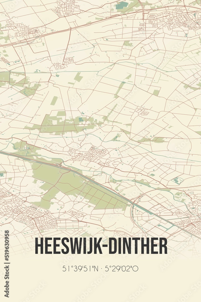 Heeswijk-Dinther, Noord-Brabant vintage street map. Retro Dutch city plan.