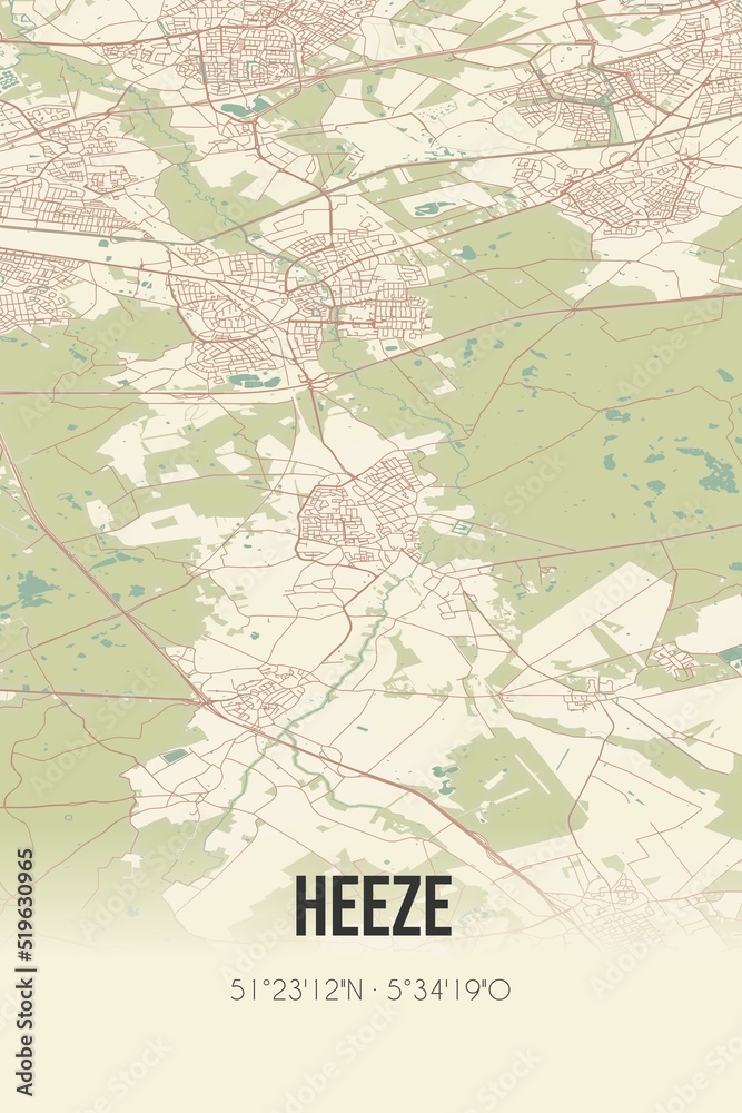 Heeze, Noord-Brabant vintage street map. Retro Dutch city plan.