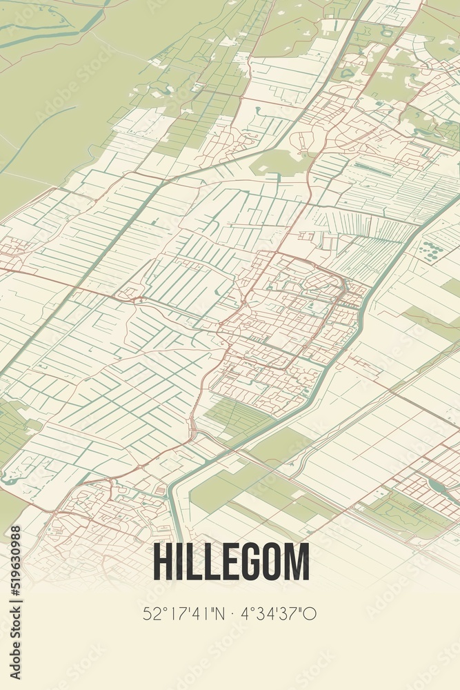 Hillegom, Zuid-Holland vintage street map. Retro Dutch city plan.