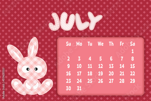 July 2023 Page for kids calendar in funny textile style with cartoon rabbit. Children's horizontal wall calendar template