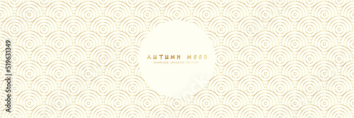Seamless asian background pattern. Autumn oriental premium design. White and golden abstract geometric wavy lines and curvy waves. Traditional japanese vintage ornament.