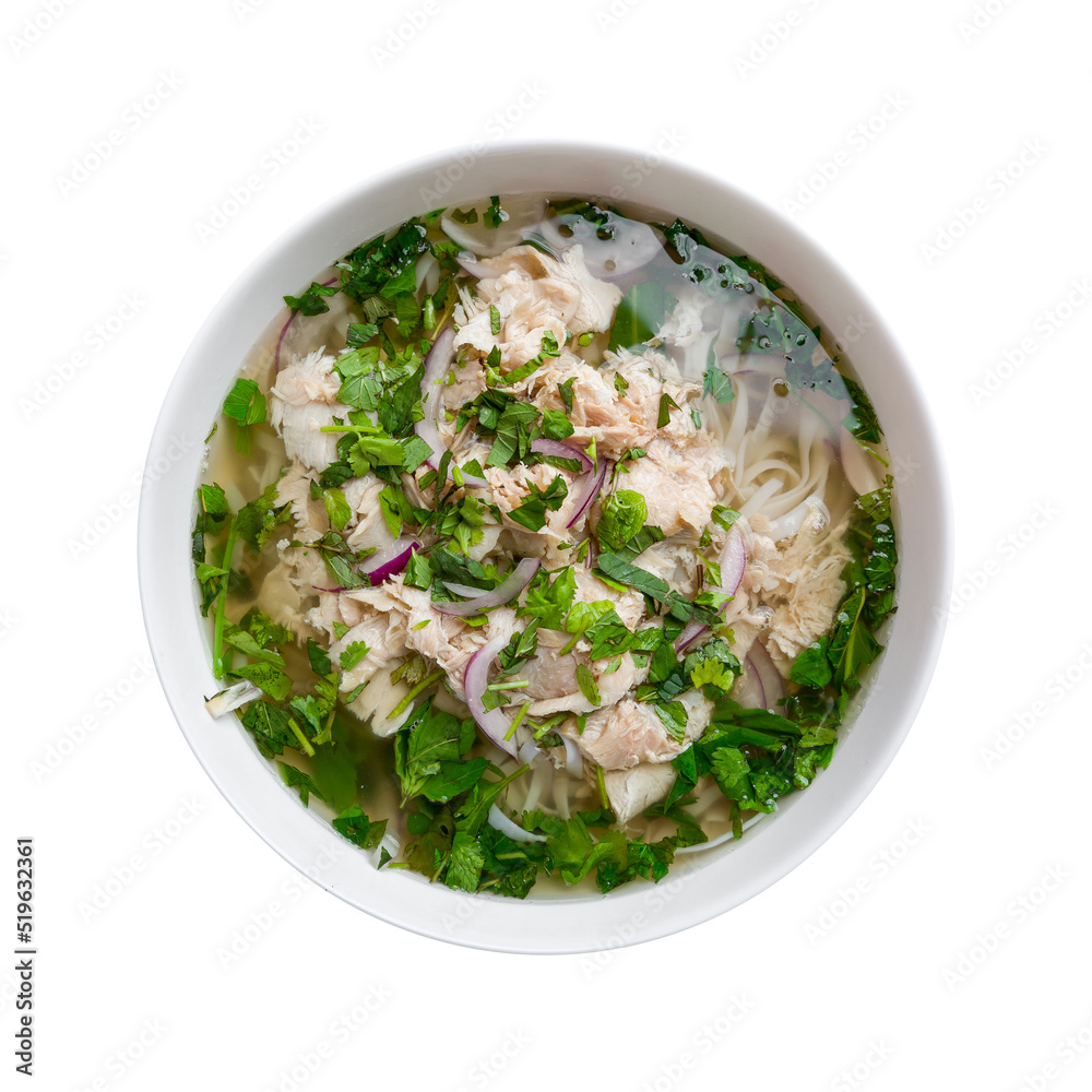 Vietnamese soup Pho GA with chicken and noodles top view isolated on white background Vietnamese soup Pho GA with chicken and noodles top view isolated on white background