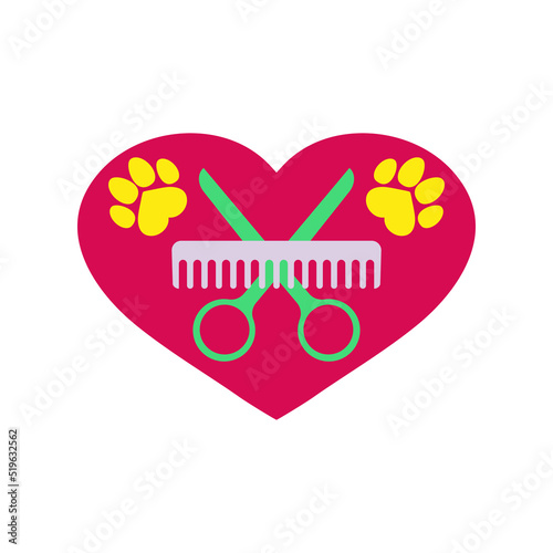 Dog grooming logo design. Dog paw print with comb, scissors and red heart. Vector clipart and drawing. Isolated illustration on white background.