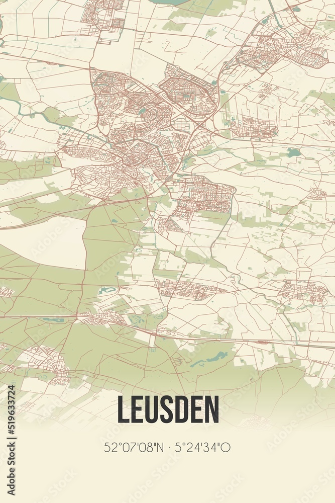 Leusden, Utrecht vintage street map. Retro Dutch city plan.