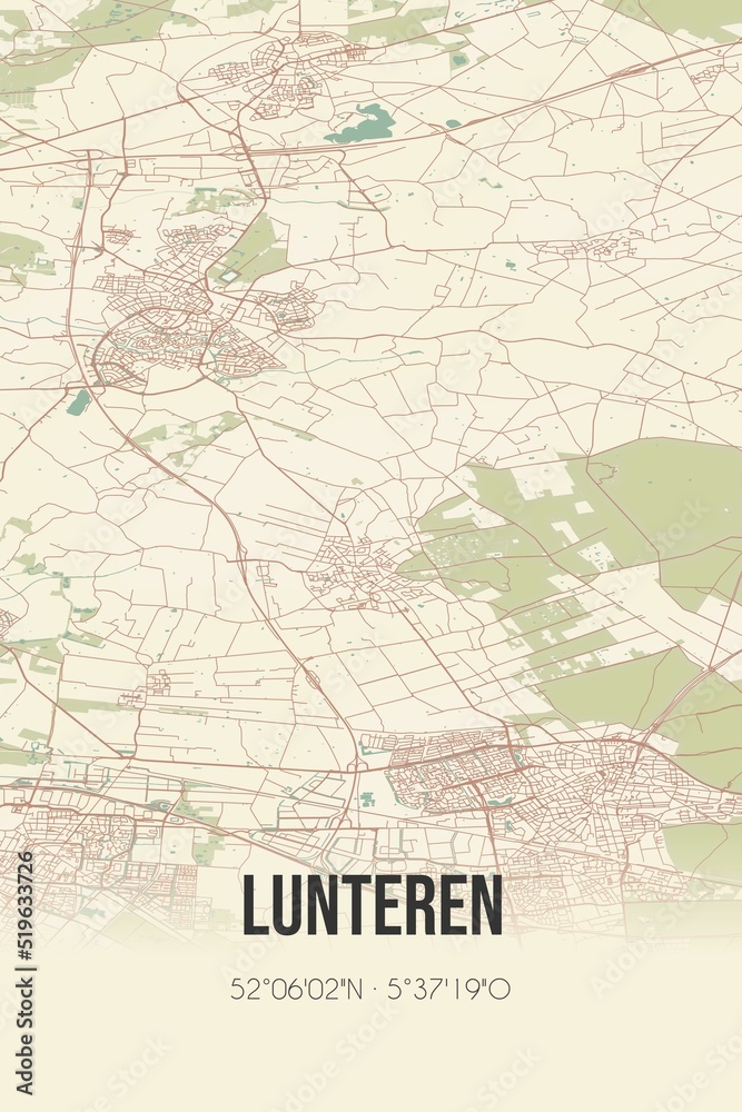 Lunteren, Gelderland, Veluwe region vintage street map. Retro Dutch city plan.