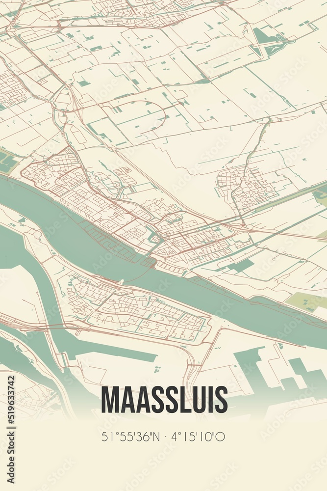 Obraz premium Maassluis, Zuid-Holland vintage street map. Retro Dutch city plan.