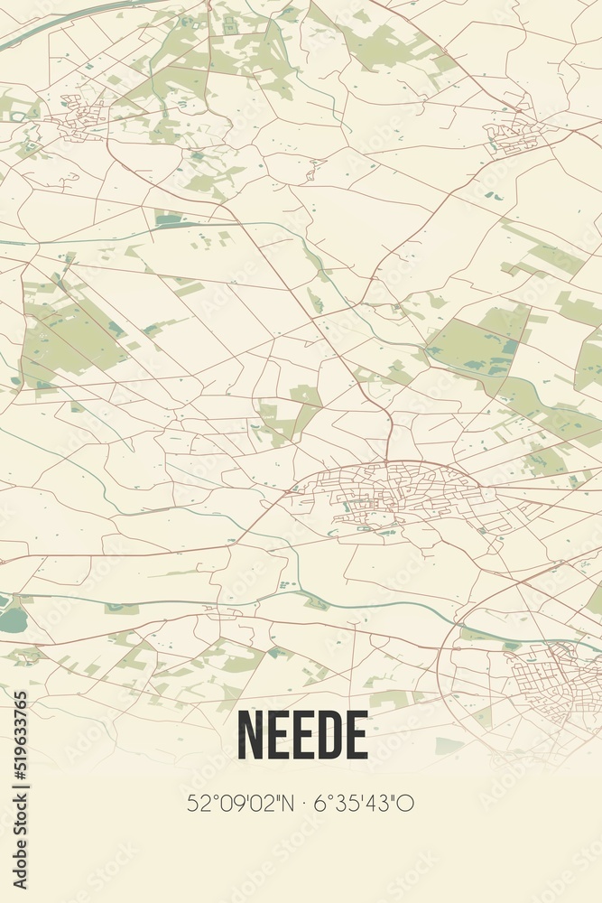 Neede, Gelderland, Achterhoek region vintage street map. Retro Dutch city plan.