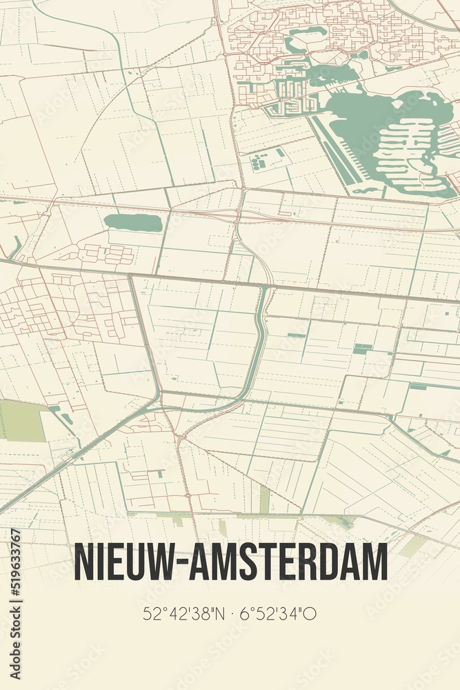 Nieuw-Amsterdam, Drenthe vintage street map. Retro Dutch city plan.