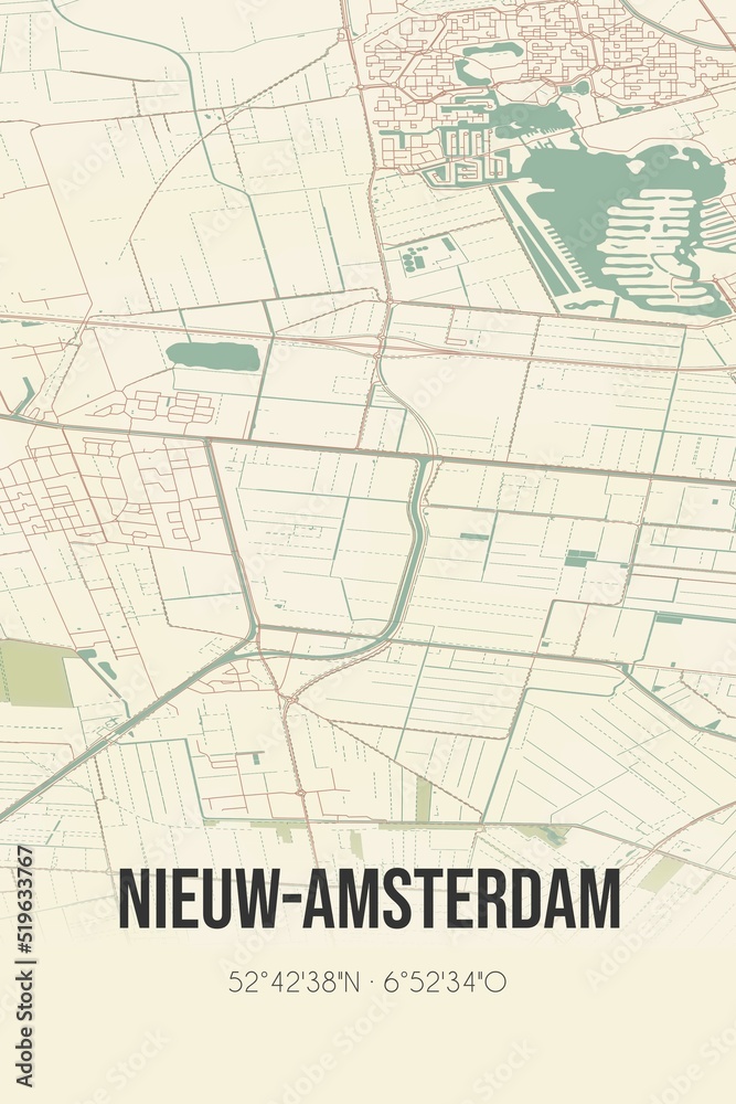 Obraz premium Nieuw-Amsterdam, Drenthe vintage street map. Retro Dutch city plan.