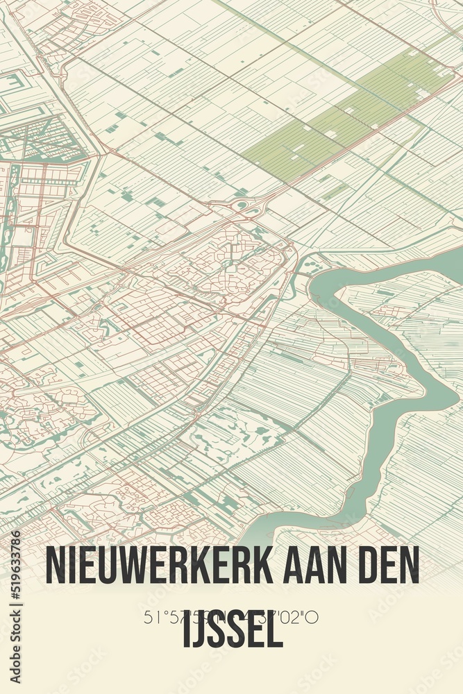 Nieuwerkerk aan den IJssel, Zuid-Holland vintage street map. Retro Dutch city plan.