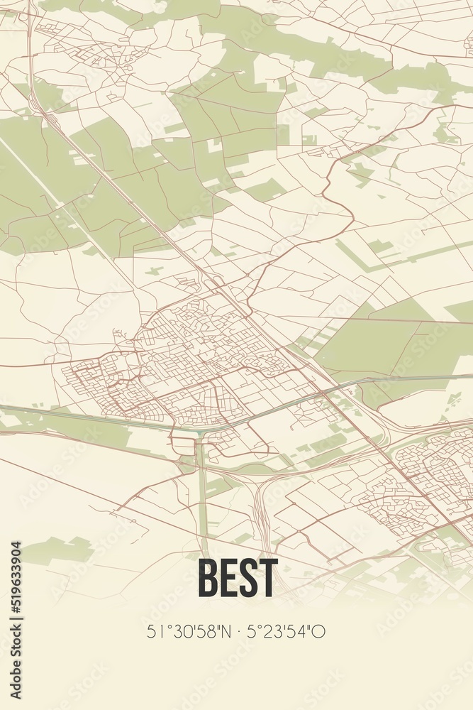 Best, Noord-Brabant vintage street map. Retro Dutch city plan.