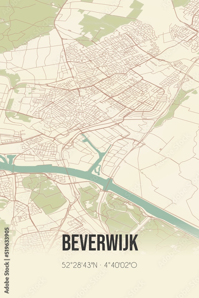 Beverwijk, Noord-Holland vintage street map. Retro Dutch city plan.