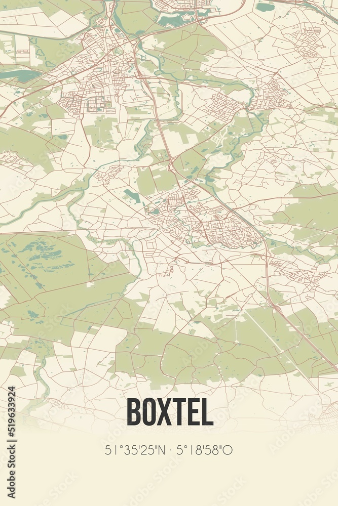 Boxtel, Noord-Brabant vintage street map. Retro Dutch city plan.