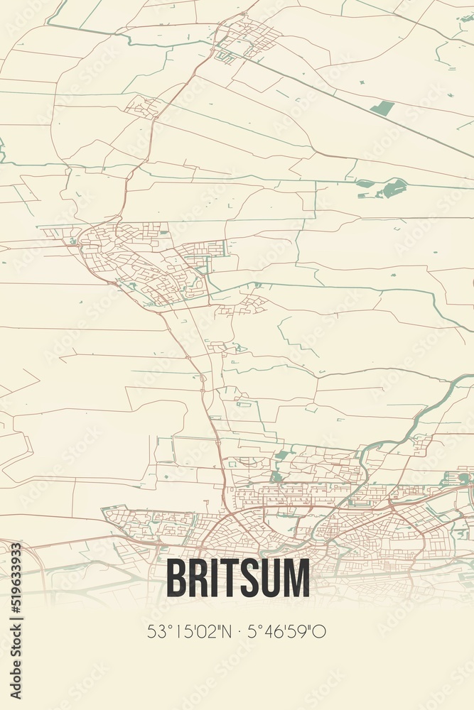 Britsum, Fryslan, Friesland region vintage street map. Retro Dutch city plan.