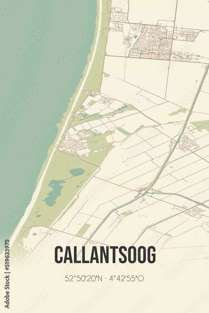 Fototapeta premium Callantsoog, Noord-Holland vintage street map. Retro Dutch city plan.