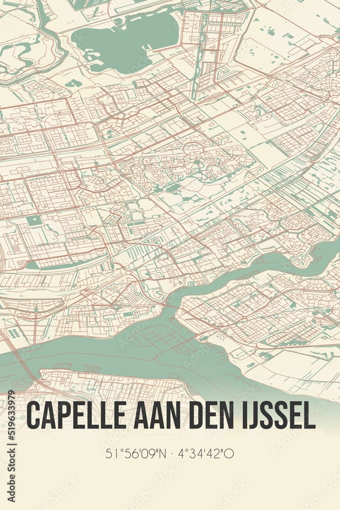 Capelle aan den IJssel, Zuid-Holland vintage street map. Retro Dutch city plan.