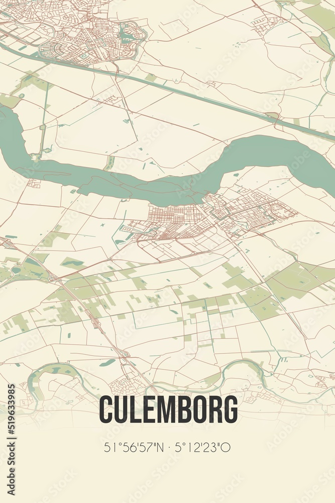 Obraz premium Culemborg, Gelderland, Betuwe region vintage street map. Retro Dutch city plan.