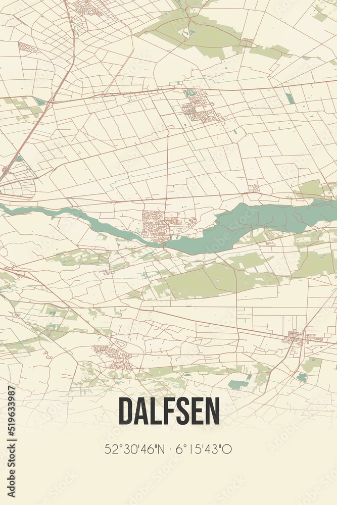Dalfsen, Overijssel, Ijsselland region vintage street map. Retro Dutch city plan.