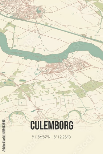 Culemborg  Gelderland  Betuwe region vintage street map. Retro Dutch city plan.