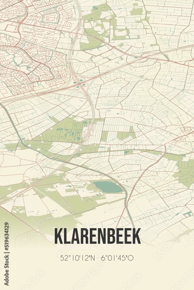 Klarenbeek, Gelderland, Veluwe region vintage street map. Retro Dutch city plan.