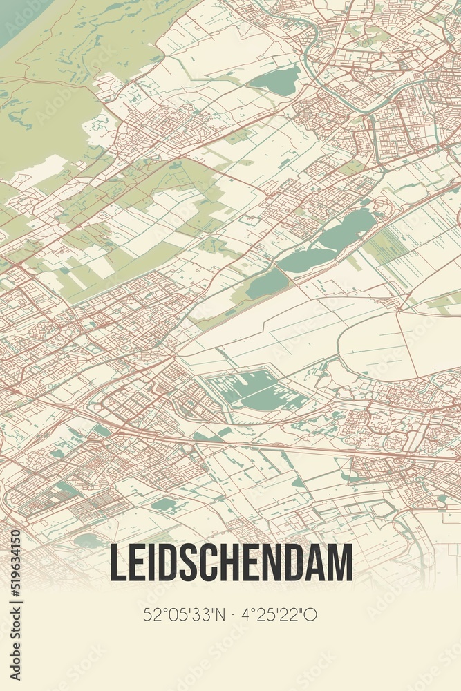 Leidschendam, Zuid-Holland, Randstad region vintage street map. Retro Dutch city plan.