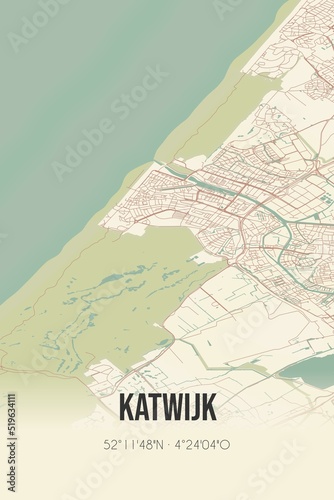 Katwijk, Zuid-Holland, Randstad region vintage street map. Retro Dutch city plan. photo