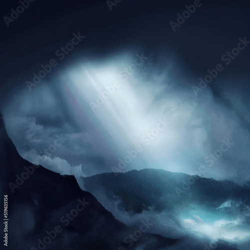 3D rendering of a fantastic landscape with God Rays breaking through the clouds. Ideal for use in stories about adventure, religion, peace, meditation, travel and journeys. 