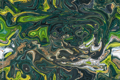 Abstract seamless zigzag pattern background with waves in dark green, beige and yellow tones. Artistic image processing created by windmill palm photo. Beautiful multicolor pattern for any design.