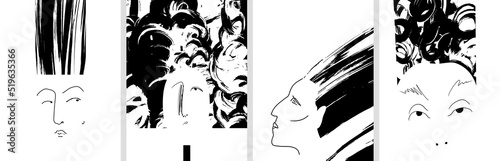 Set of minimalist wall art. Black and white portraits with different nationality faces