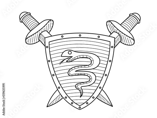 The emblem is a snake on a shield and two swords. Black and white linear graphic vector illustration.