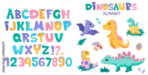 Cute Dino font with alphabet letters, dinosaurs, signs and numbers. Character collection in hand drawn cartoon style for your design, nursery or kindergarten banners and posters. Vector illustration