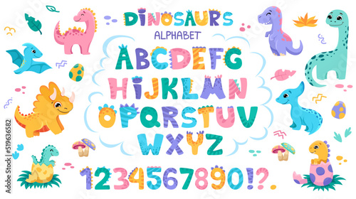 Cute Dino font with alphabet letters, dinosaurs, signs and numbers. Character collection in hand drawn cartoon style for your design, nursery or kindergarten banners and posters. Vector illustration