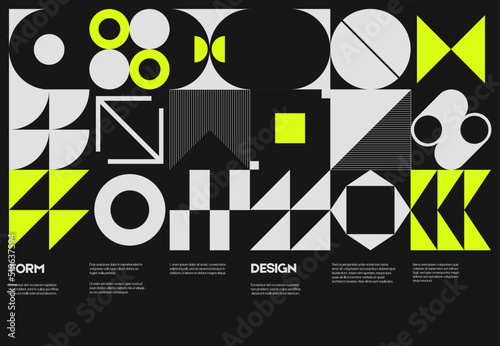 Swiss poster design template layout with clean typography and minimal vector pattern with colorful abstract geometric shapes. Bold form graphic design, useful for album print,website header,web banner