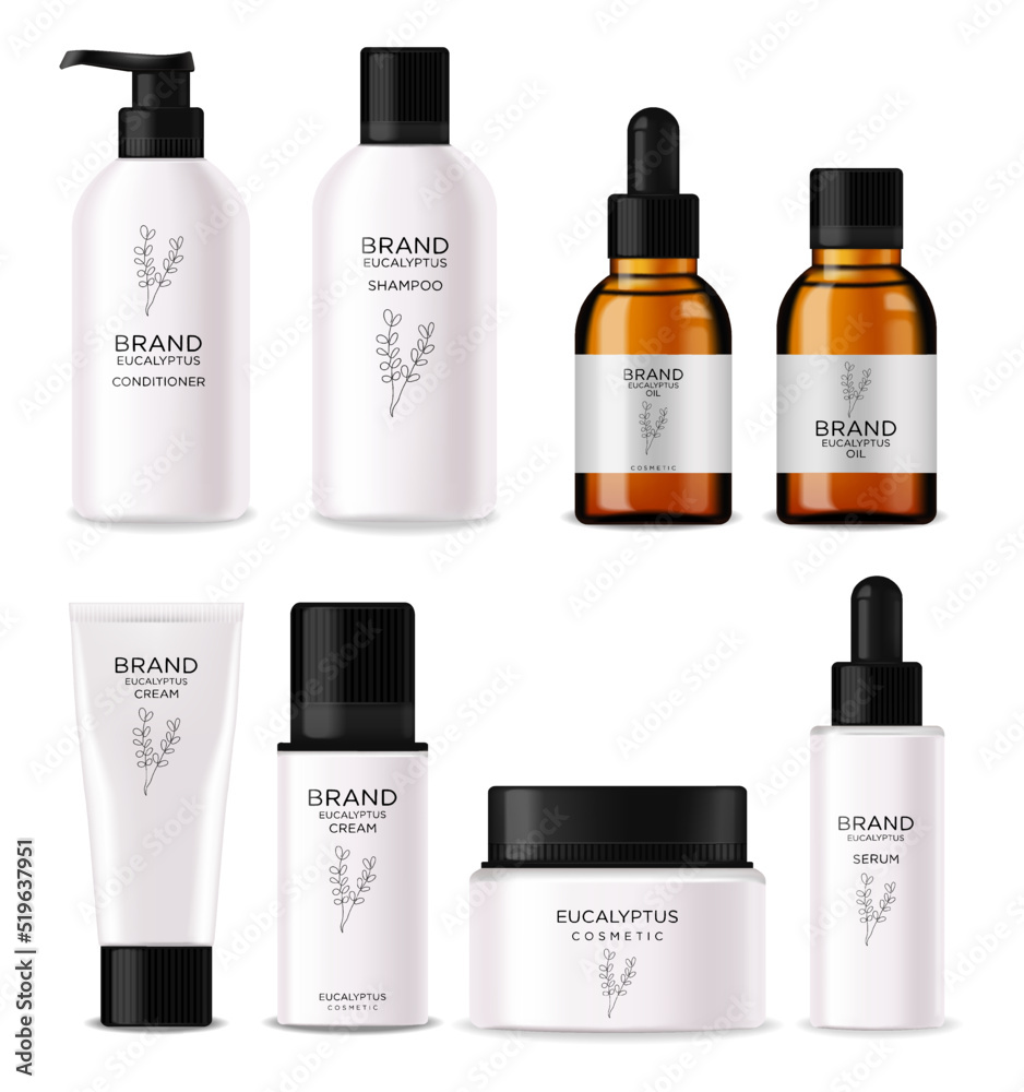 Realistic eucalyptus cosmetics set, beauty lotion bottle cosmetics, eucayptus design, treatment cosmetics collection vector Realistic eucalyptus cosmetics set, beauty lotion bottle cosmetics, eucayptus design, treatment cosmetics collection vector