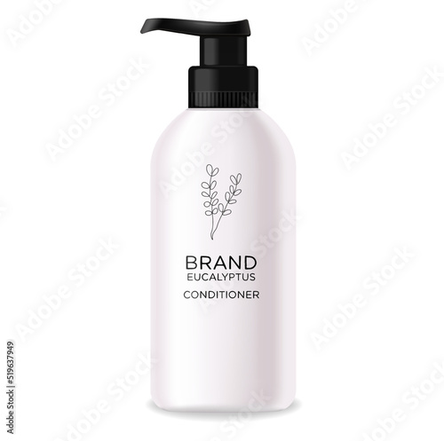 Cosmetics lotion bottle. White bottle cosmetic. Realistic shampoo lotion. Shampoo eucalyptus hair organic aroma for beauty isolated on white background.