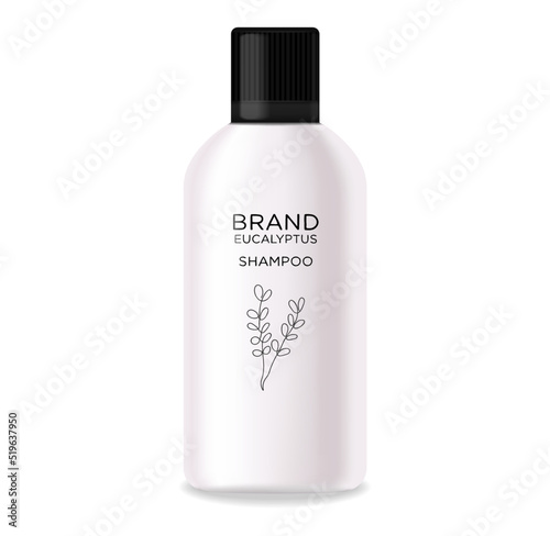 Cosmetics lotion bottle. White bottle cosmetic. Realistic shampoo lotion. Shampoo eucalyptus hair organic aroma for beauty isolated on white background.