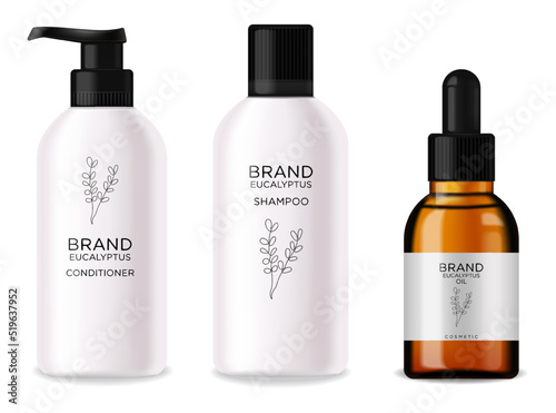 Realistic eucalyptus cosmetics set, beauty lotion bottle cosmetics, eucayptus design, treatment cosmetics collection vector