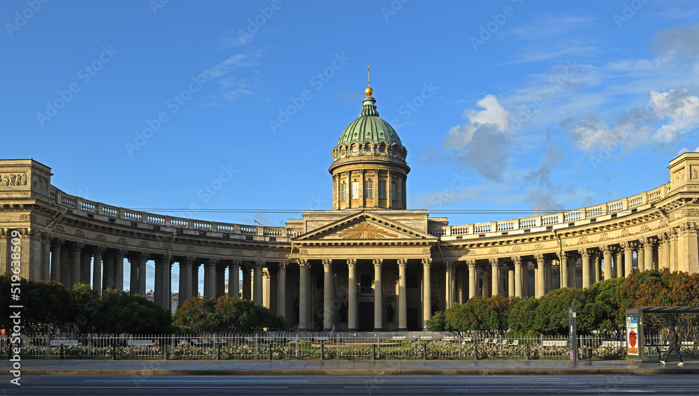 Kazan Cathedral or Kazanskiy Kafedralniy Sobor, also known as Cathedral of Our Lady of Kazan, cathedral of Russian Orthodox Church in Saint Petersburg in morning