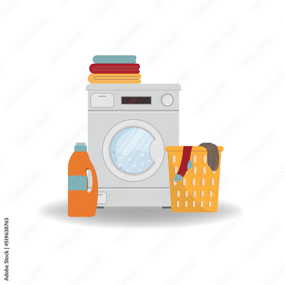 Laundry room with washing machine, powder, basket, isolated on white background. Household equipment for washing - flat illustration