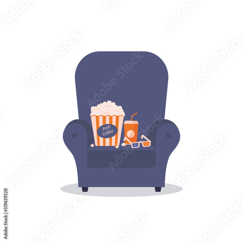 Movie night at home. Home cinema watching concept. Popcorn, soda drink and 3d glasses on the chair isolated white background.Vector cartoon flat style.