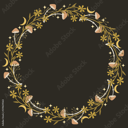 Decorative frame with herbs, flowers, mushrooms, and moon on a dark background. Unique design for cards, invitations, prints. Cartoon vector illustration.