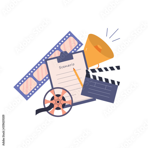 Cinema items on isolated white background. Cinematography industry. Colored vector illustration in cartoon flat style.