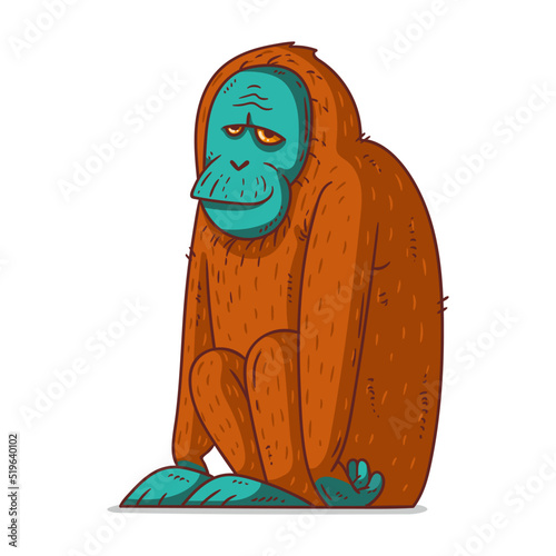 A Monkey, isolated vector kids illustration. Cute cartoon picture of an orangutan. An orang sticker. Simple drawing of a monkey on white background. An ape. A primate. An African animal.
