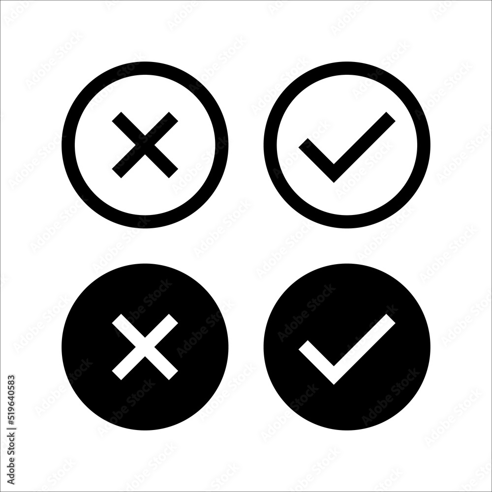 Check mark and cross or x icon in flat style on white background Check mark and cross or x icon in flat style on white background