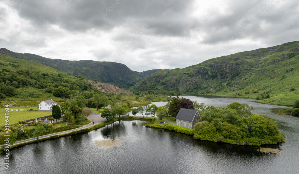 Aerial drone landscape of St. Finbarr oratory Church, Gougane Barra, cork West Ireland. Aerial drone landscape of St. Finbarr oratory Church, Gougane Barra, cork West Ireland.