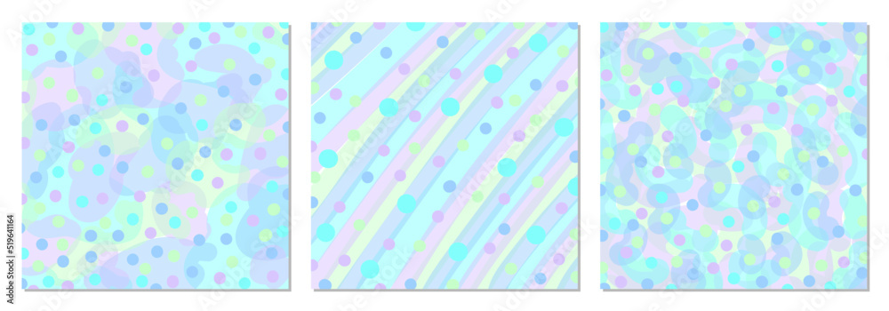 Set of Greeting card templates. Colorful abstract element for design, dots, bubbles. Vintage graphic vector design. Birthday card, banner, invitation. Purple, pink, blue, green and yellow dots