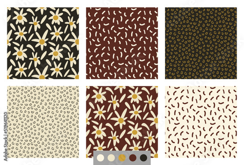 A set of vector seamless patterns. Daisies and backgrounds matched to them. Ready-made design for paper, fabric, interior design, textiles.